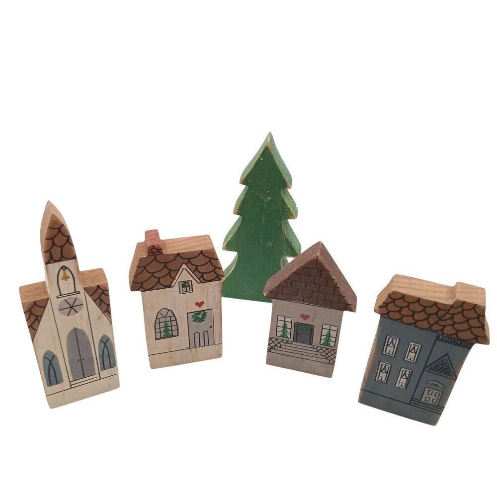 Hand-Painted Wooden Christmas Village Set With Houses & Tree - Rustic Holiday - Picture 2 of 2